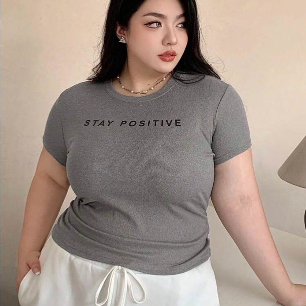 Stay Positive Gray Ribbed Women's Top - Picture 5 of 15